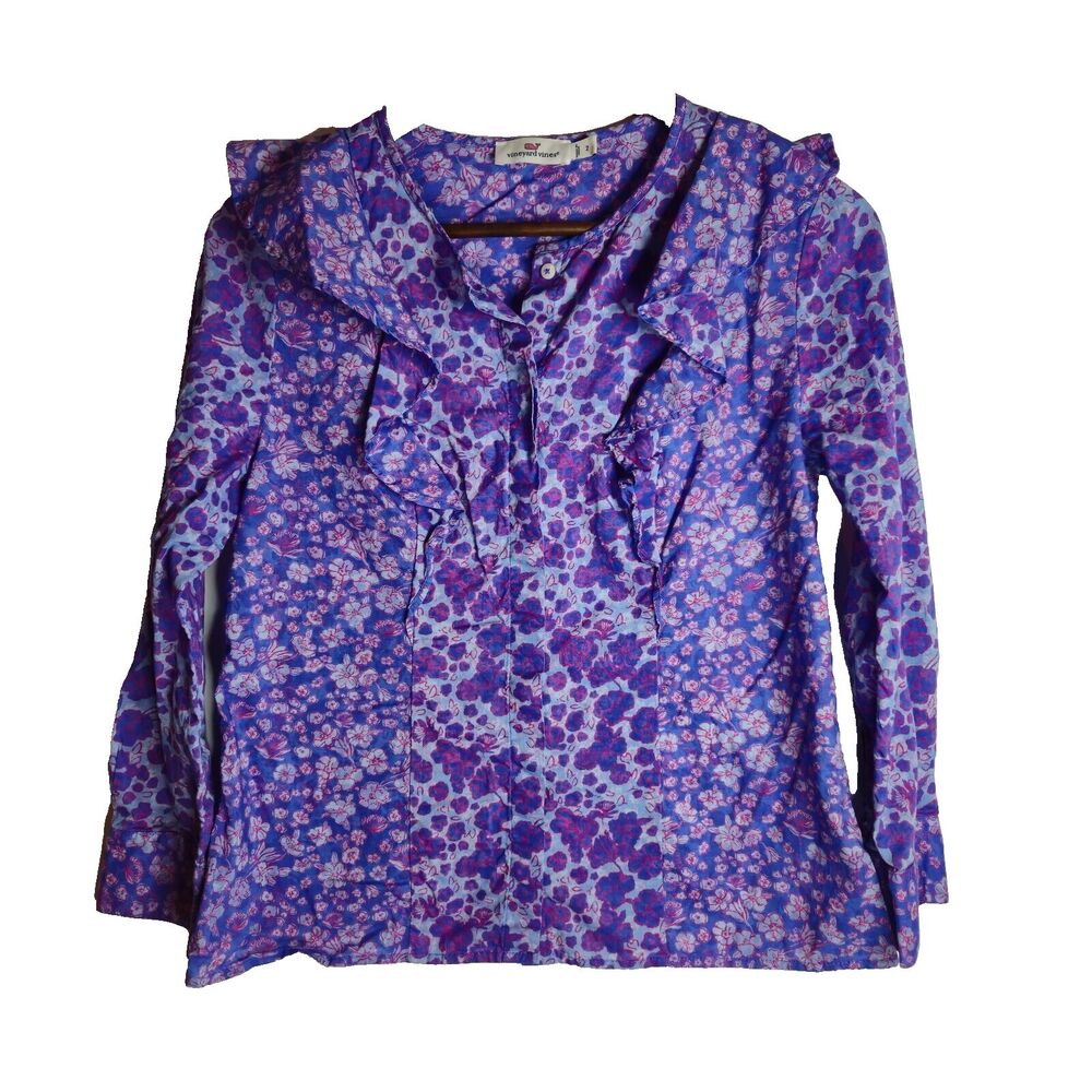Vineyard Vines Floral Button Front Ruffle Blouse Womens 2